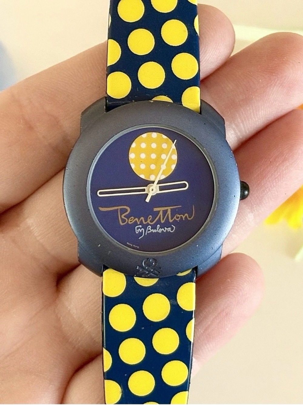 Vintage Benetton Bulova United Colors Designer Watch Navy Blue/Yellow Polka Dots
